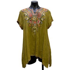 Johnny Was Workshop Green Embroidered Tunic Top Blouse Multi-Color Floral L